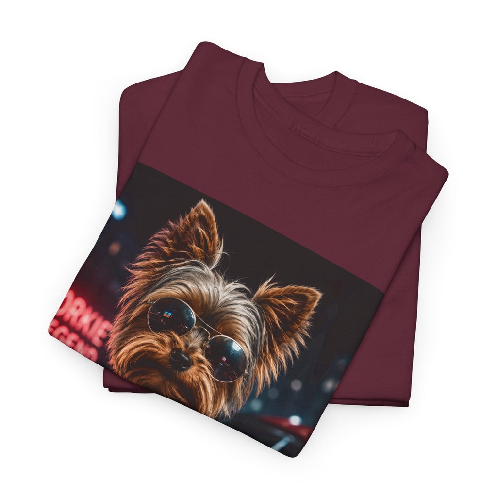 Yorkie Legend Tee — Cool Leather Jacket Yorkshire Terrier Dog T‑Shirt