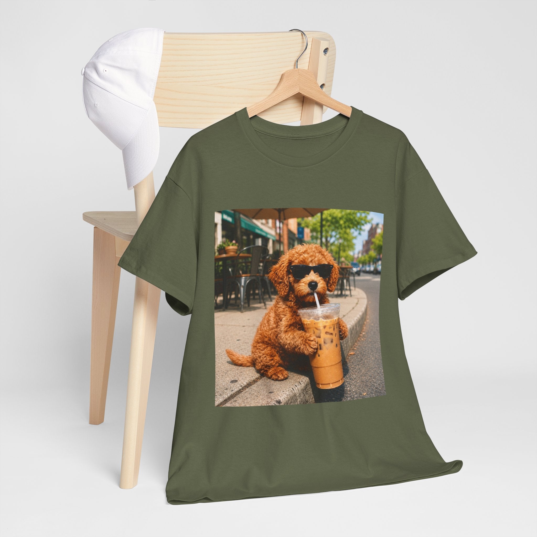 T-Shirt — Cute Puppy Drinking Iced Coffee Photo Tee