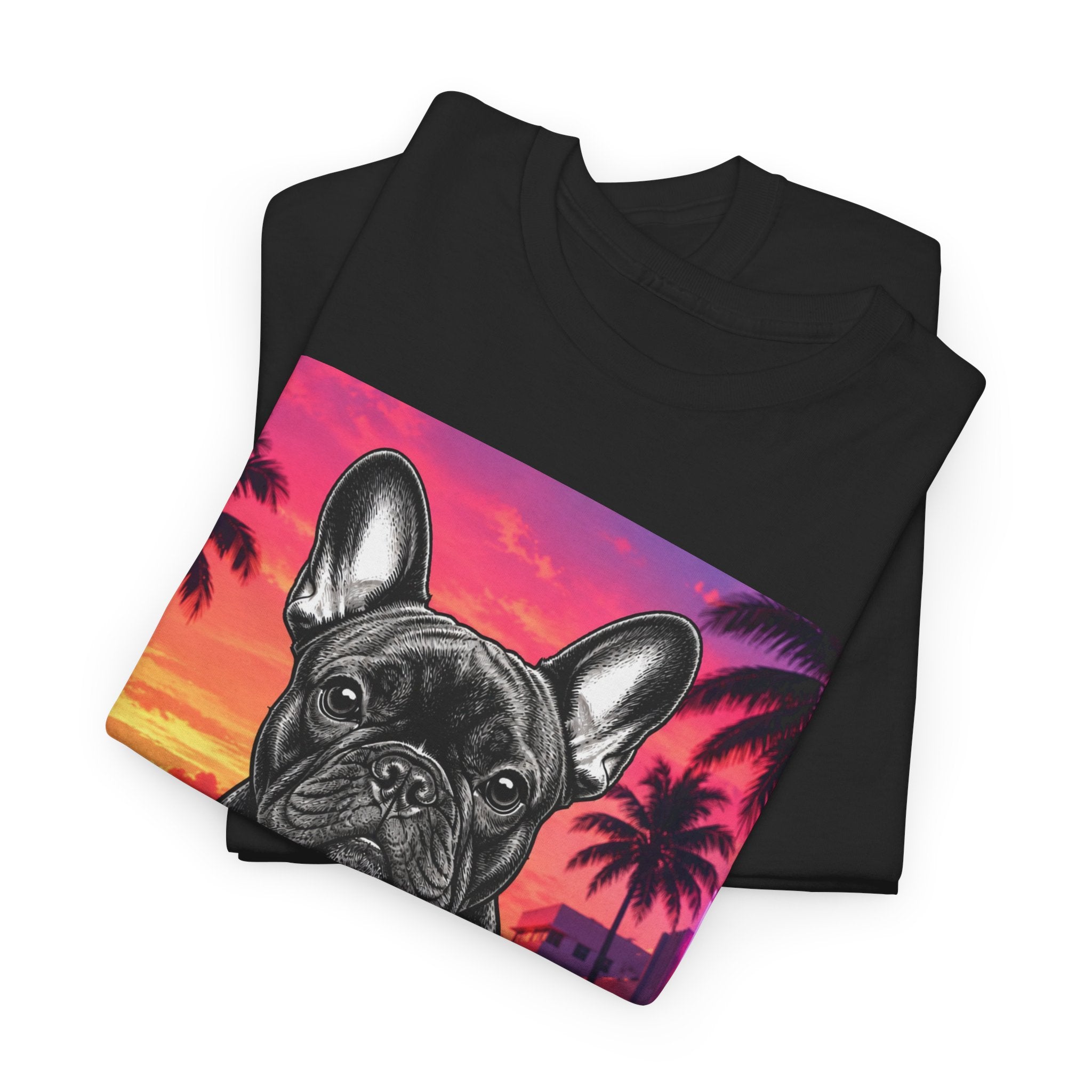 French Bulldog Sunset Tee - Retro Miami Palm Beach Dog T-Shirt