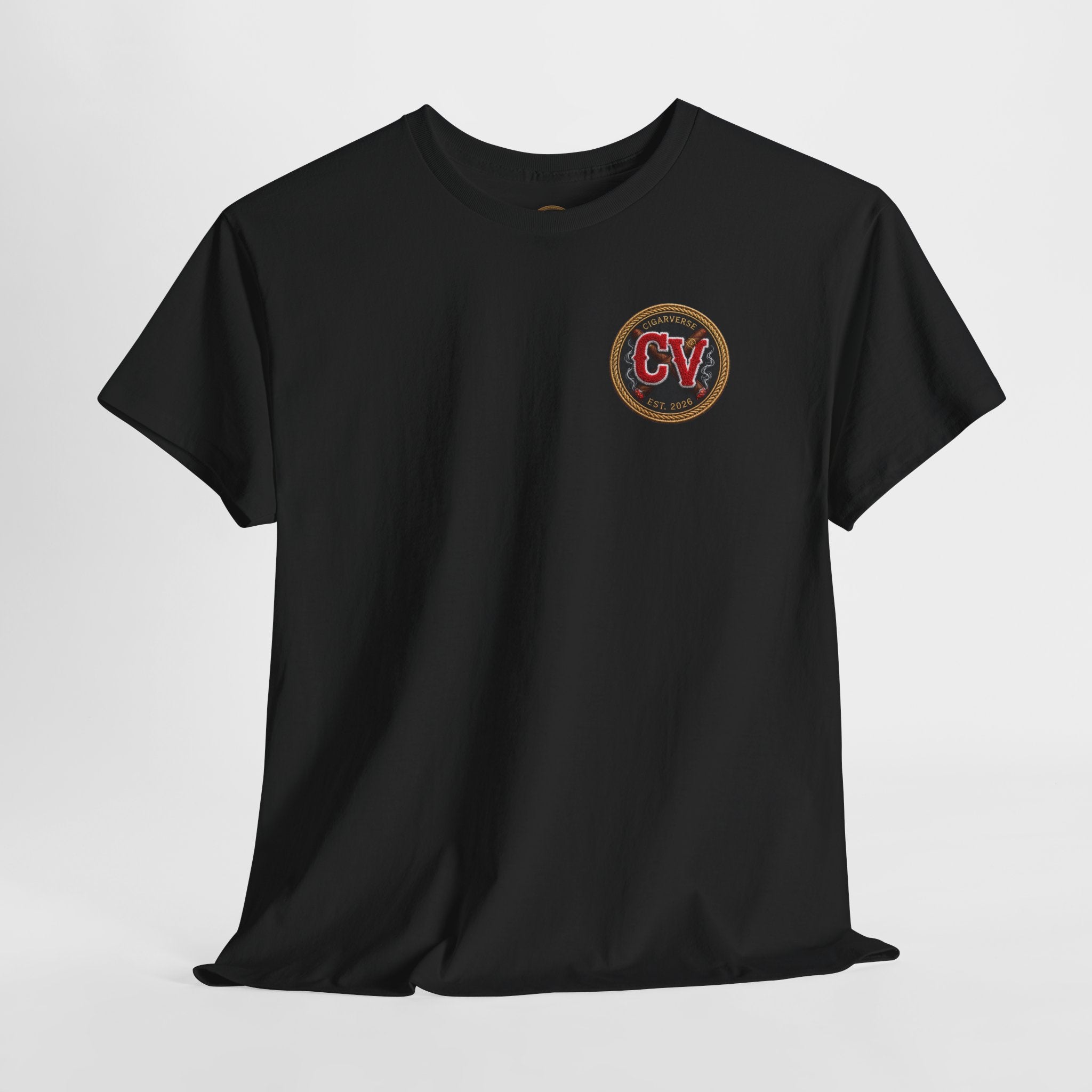CV Patch Black Cotton Tee — Vintage College Crew Logo Shirt