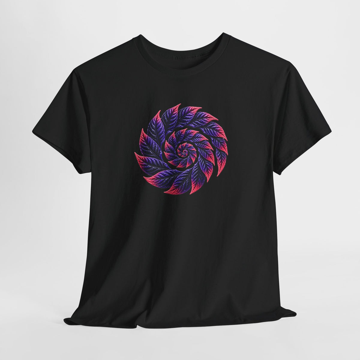 Spiral Tobacco Leaf Mandala T‑Shirt — Neon Pink & Purple Psychedelic Art Tee