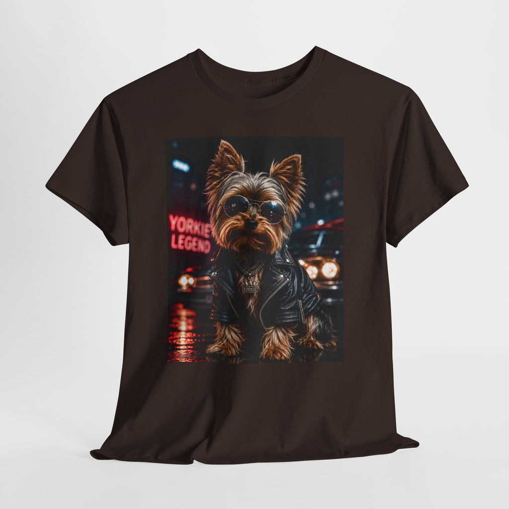 Yorkie Legend Tee — Cool Leather Jacket Yorkshire Terrier Dog T‑Shirt