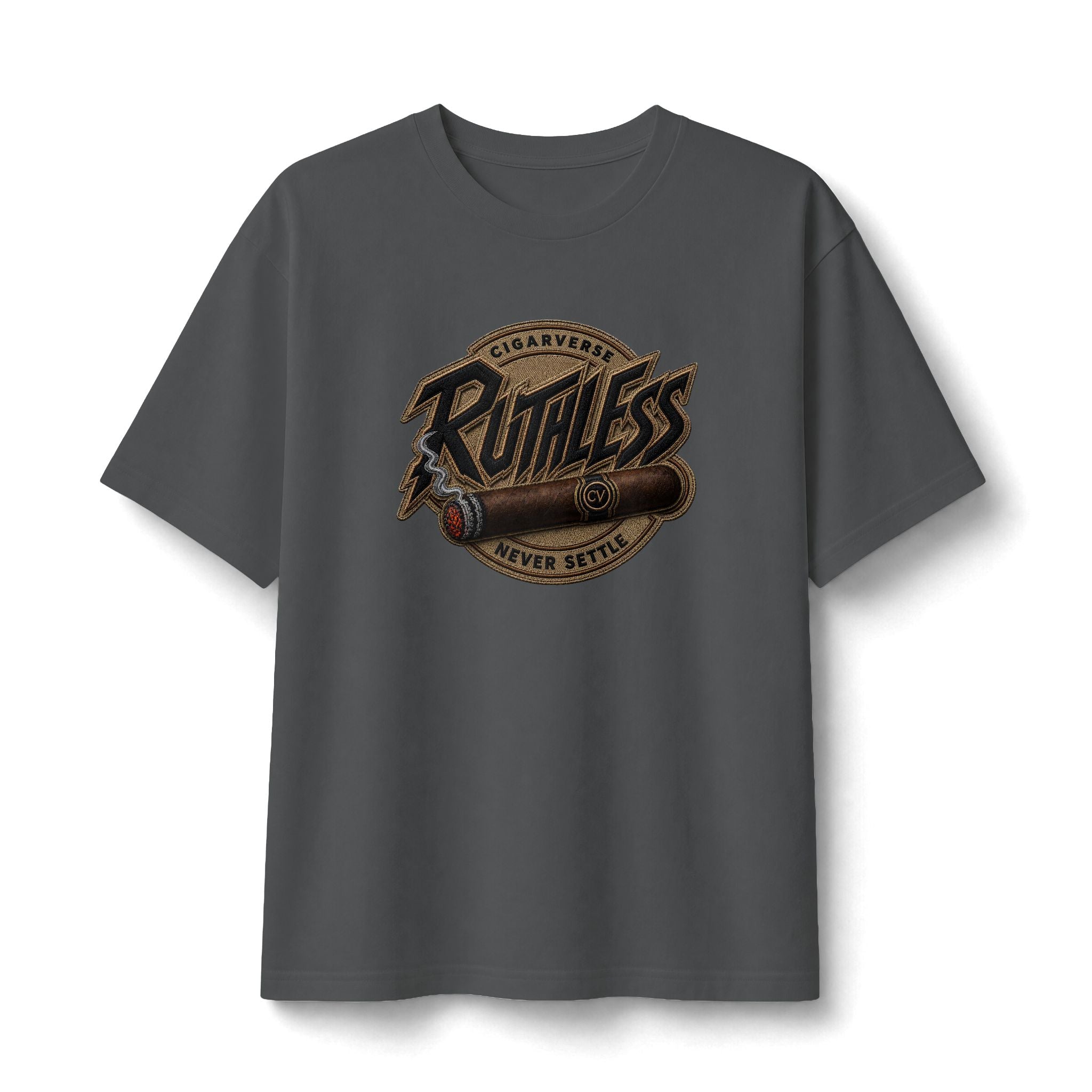 Ruthless Heavyweight CIGARVERSE Tee — "Never Settle" Vintage Cigar Graphic Shirt