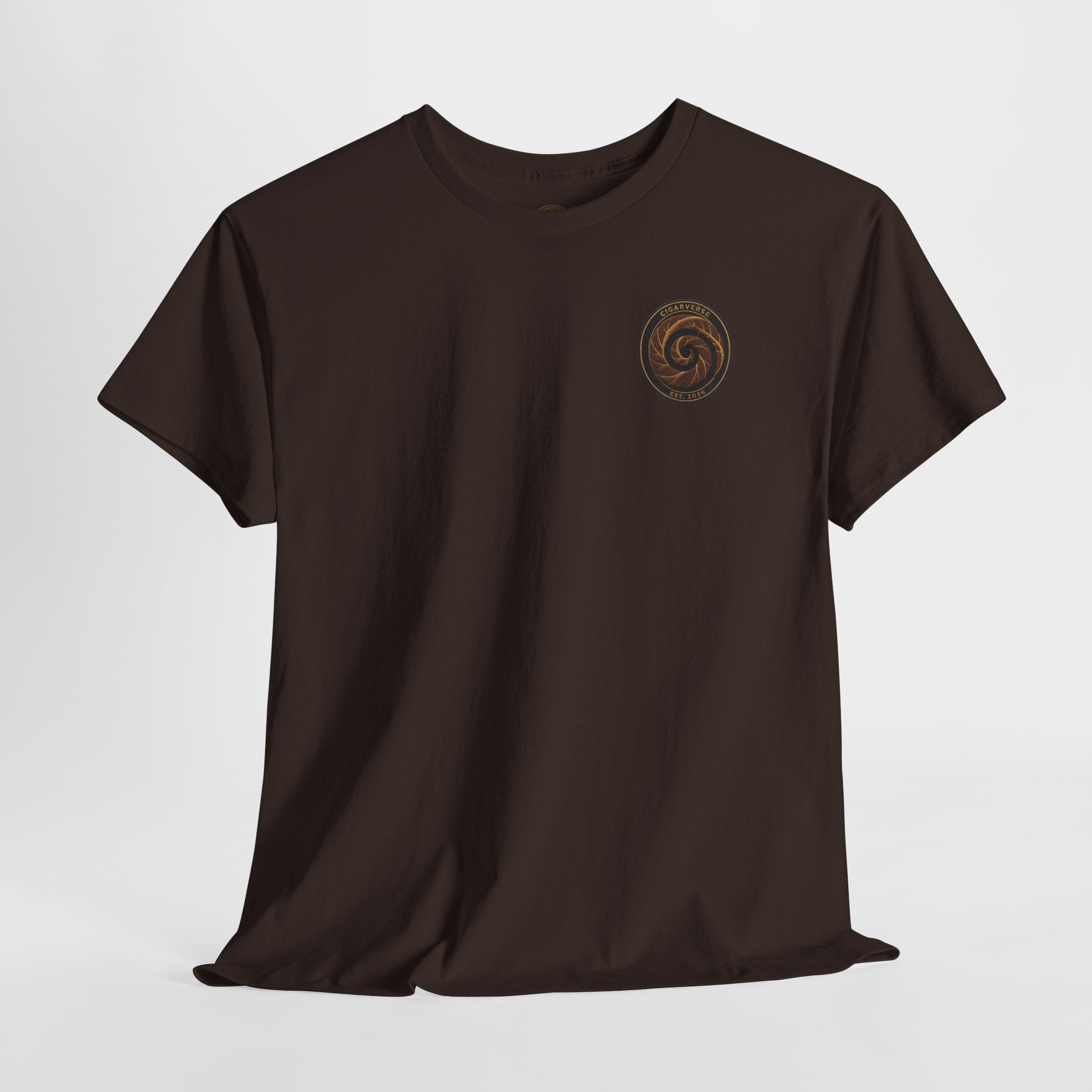 Spiral Tobacco Leaf Chest Logo Tee — Rustic Brown Graphic T-Shirt