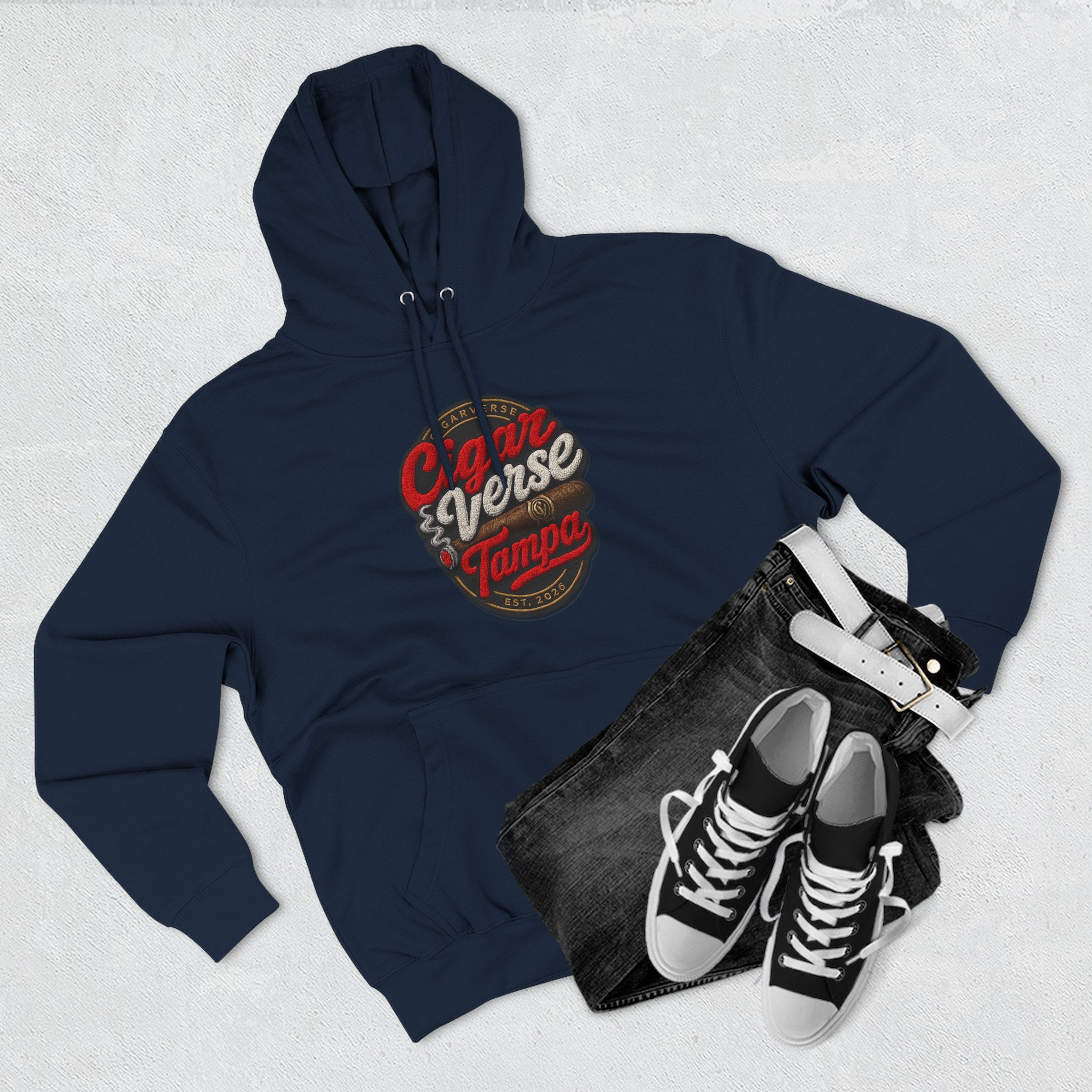 Cigar Verse Tampa Hoodie — Retro Script Logo Fleece Pullover