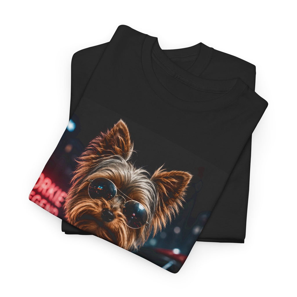 Yorkie Legend Tee — Cool Leather Jacket Yorkshire Terrier Dog T‑Shirt