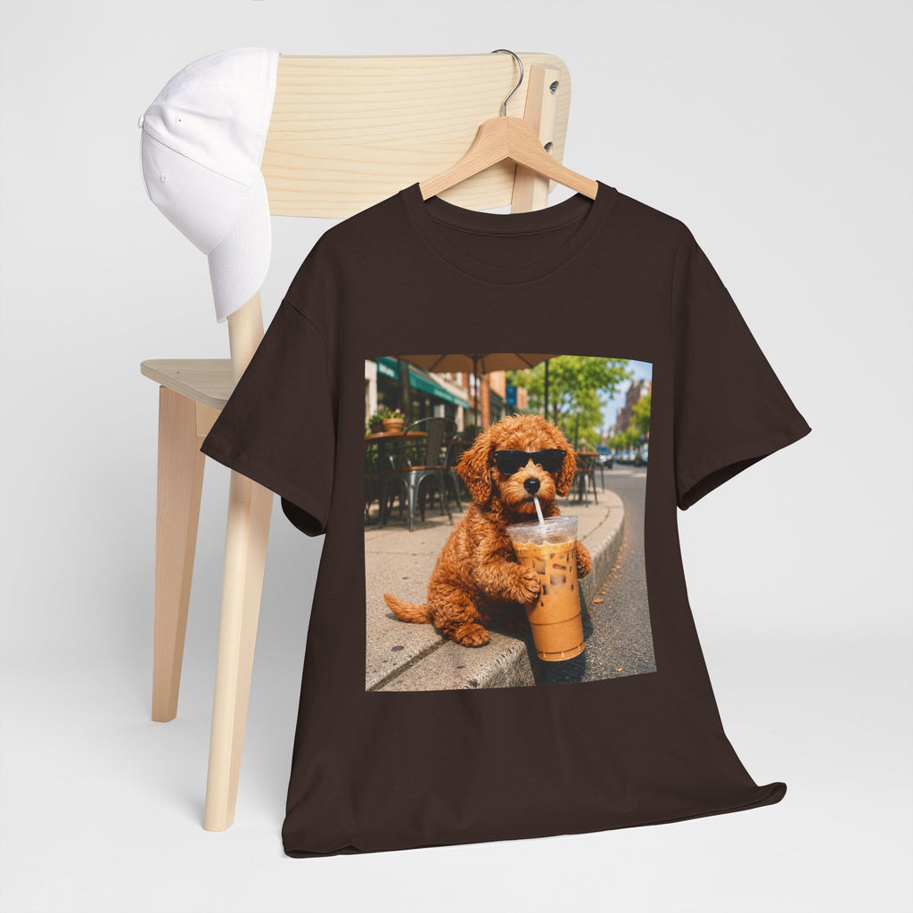 T-Shirt — Cute Puppy Drinking Iced Coffee Photo Tee