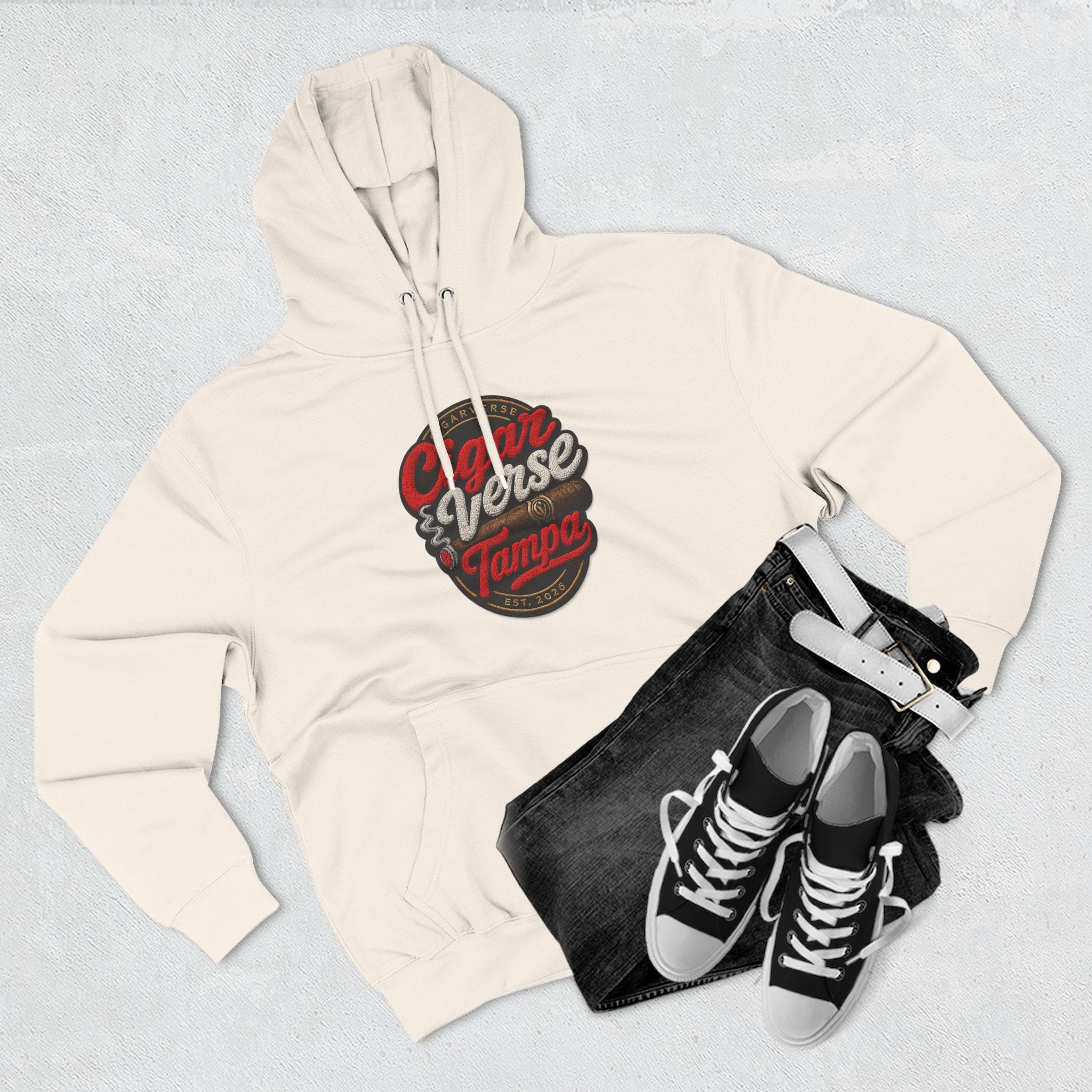Cigar Verse Tampa Hoodie — Retro Script Logo Fleece Pullover