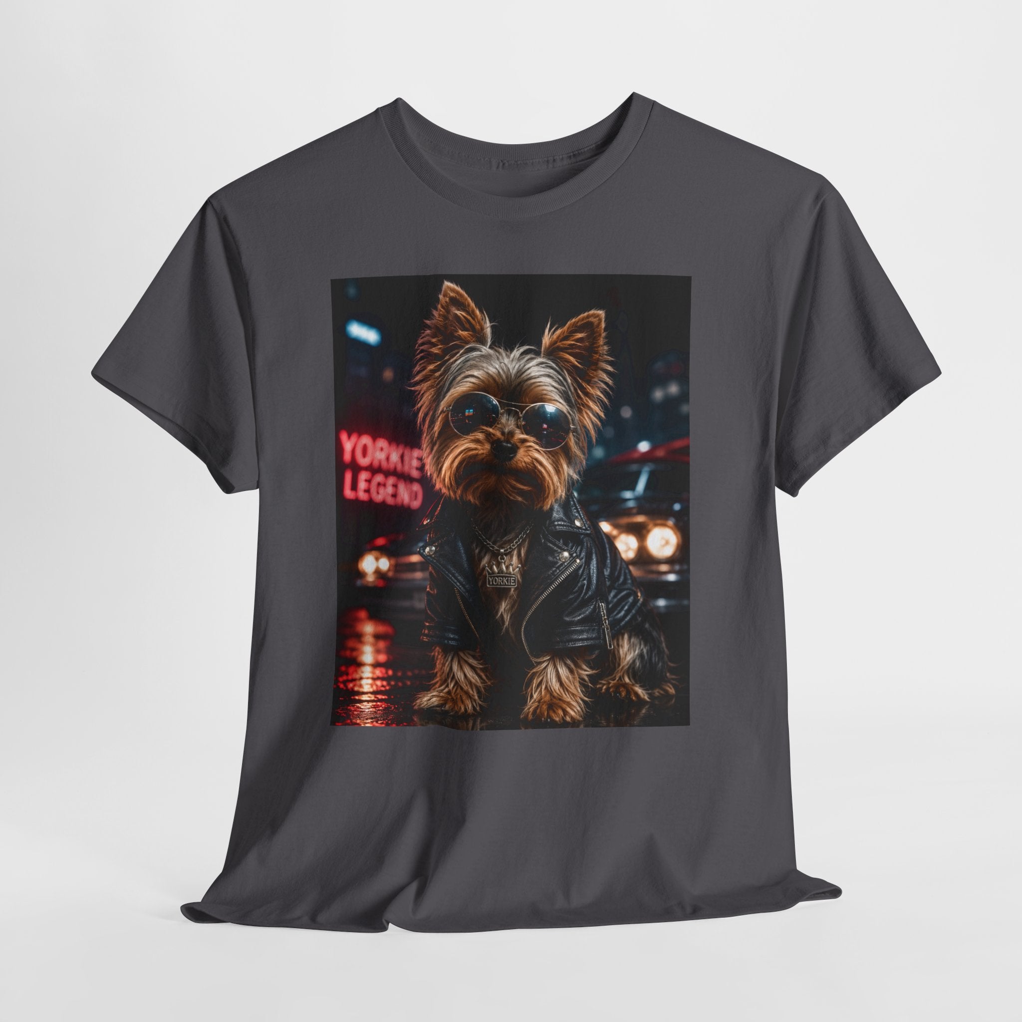 Yorkie Legend Tee — Cool Leather Jacket Yorkshire Terrier Dog T‑Shirt