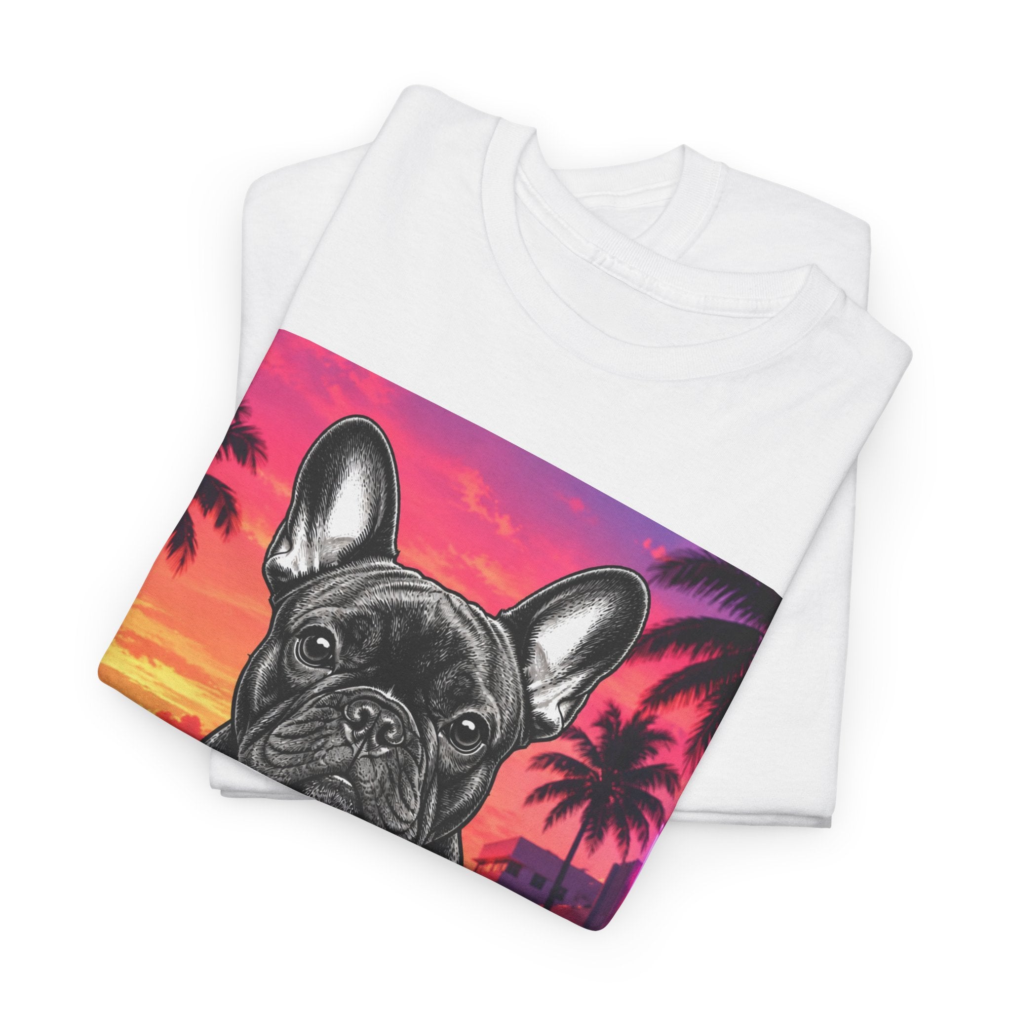 French Bulldog Sunset Tee - Retro Miami Palm Beach Dog T-Shirt