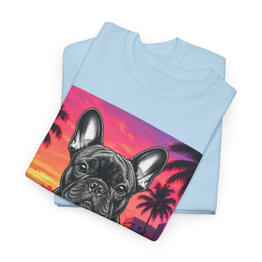 French Bulldog Sunset Tee - Retro Miami Palm Beach Dog T-Shirt