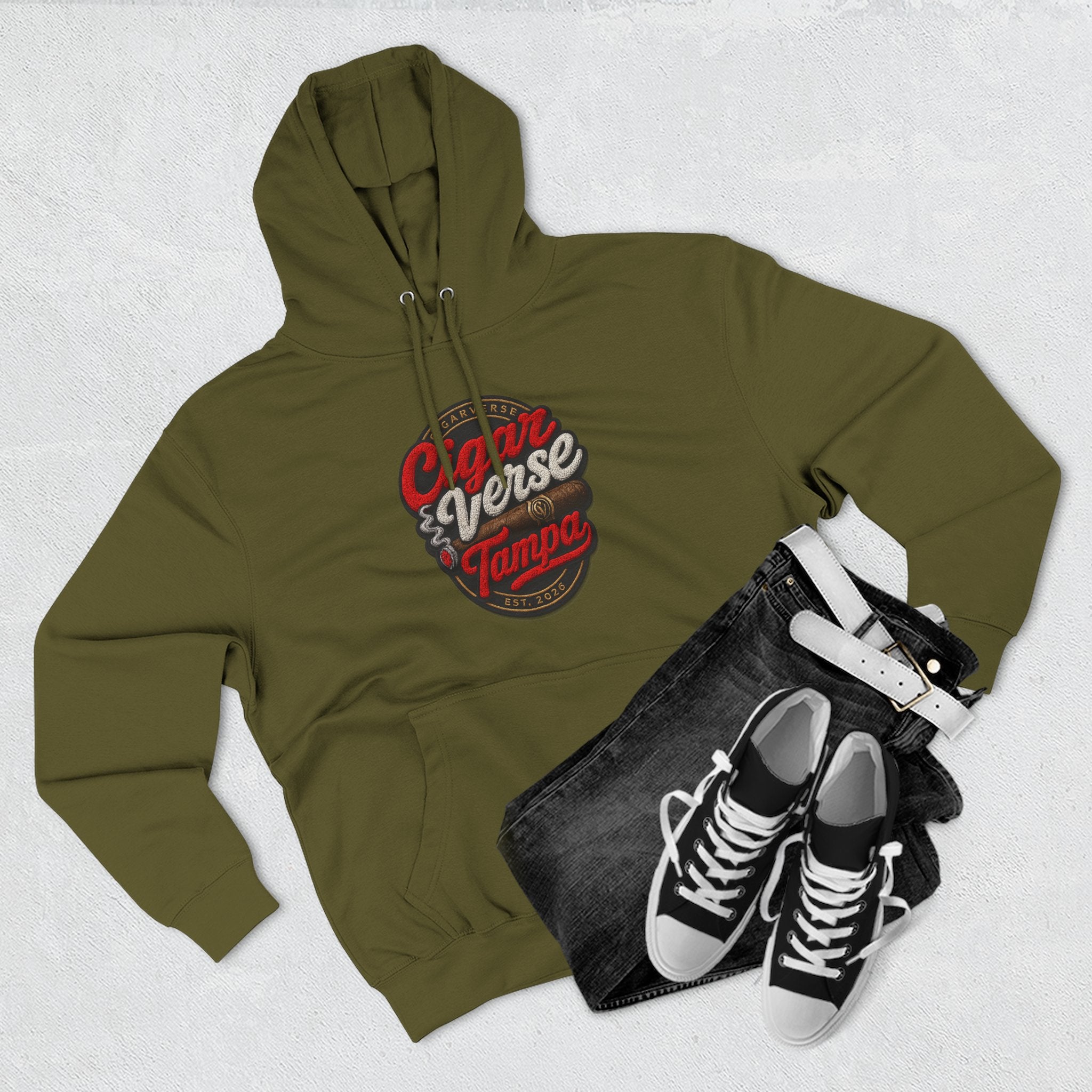 Cigar Verse Tampa Hoodie — Retro Script Logo Fleece Pullover