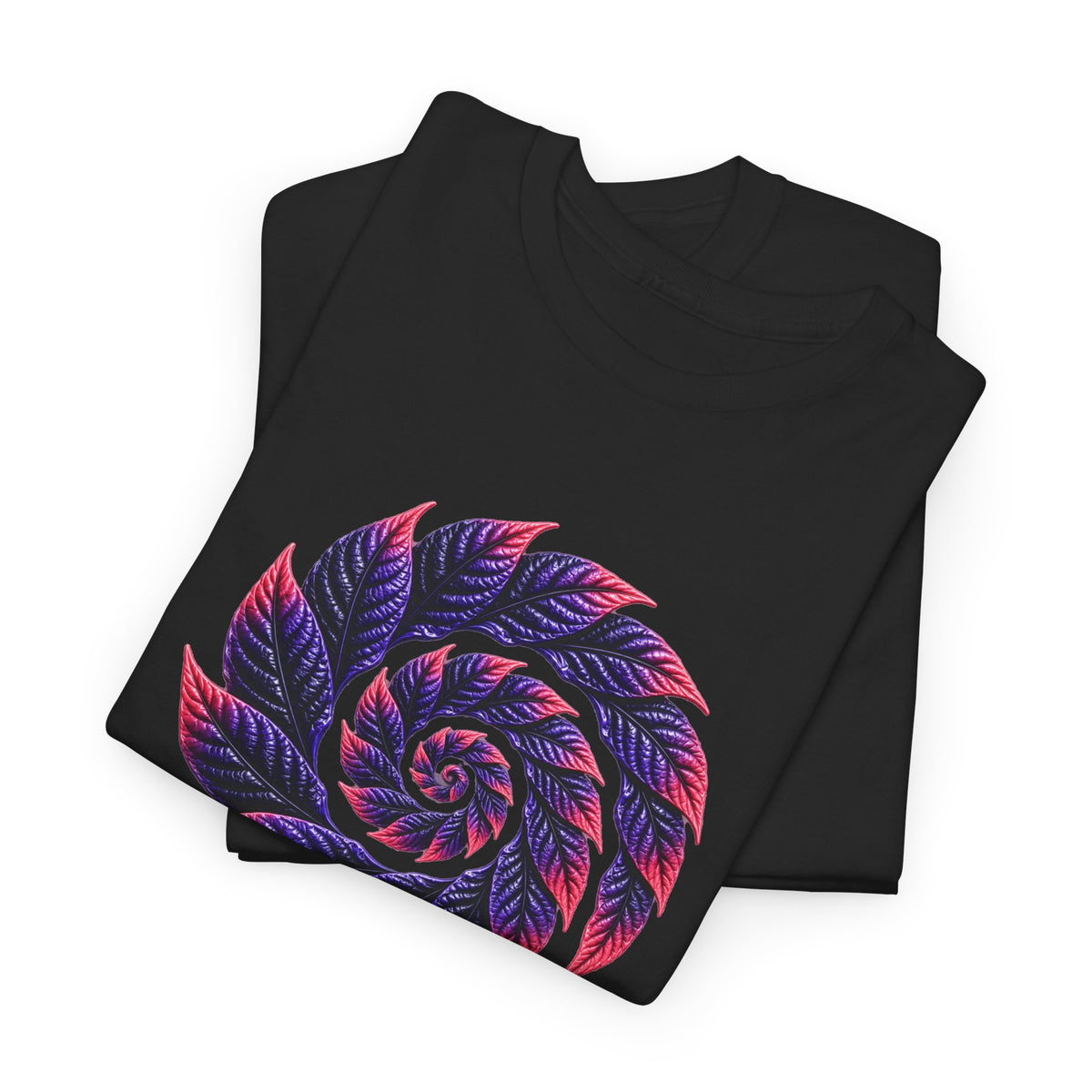 Spiral Tobacco Leaf Mandala T‑Shirt — Neon Pink & Purple Psychedelic Art Tee