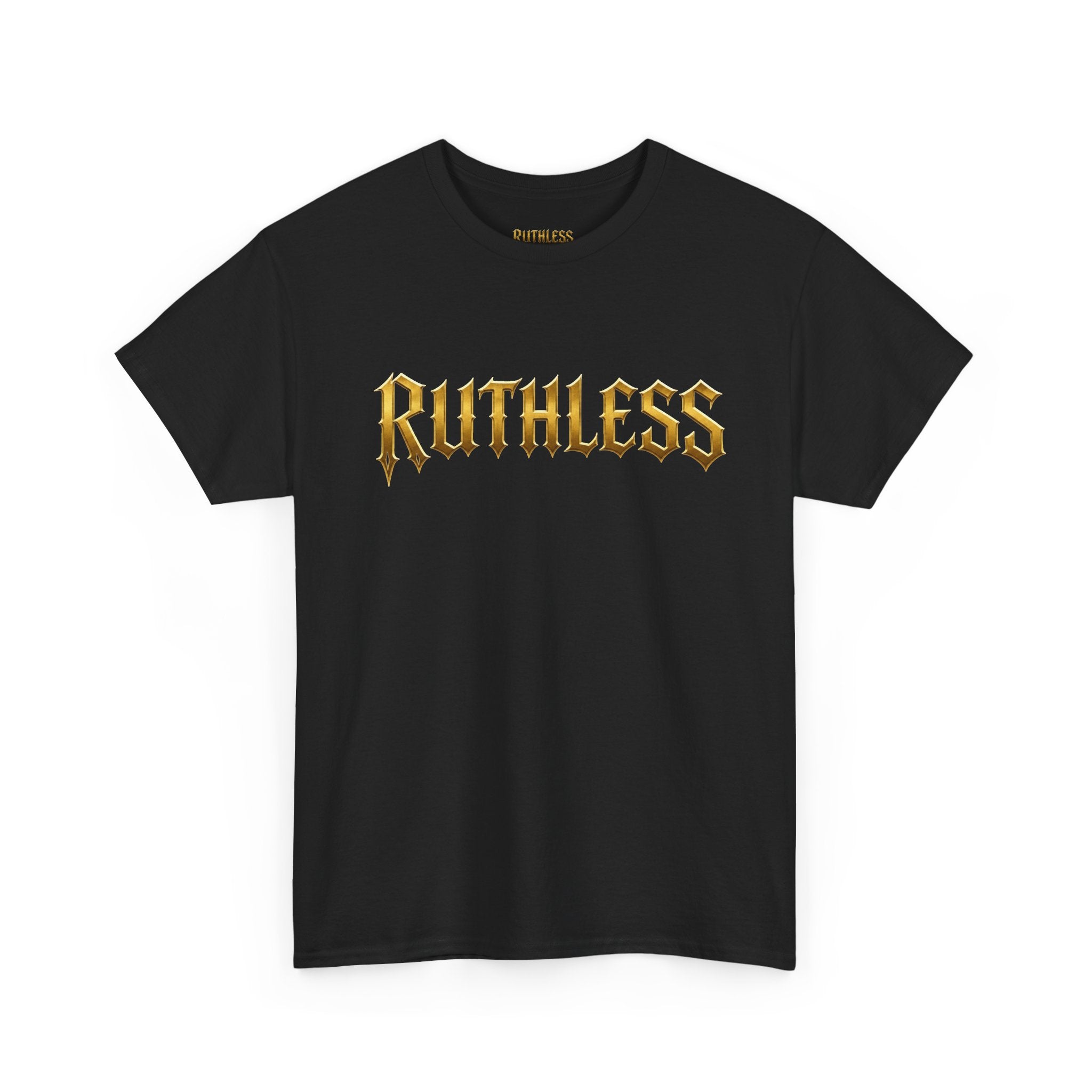 Ruthless Graphic Tee — Bold Gothic Gold Lettering T-Shirt