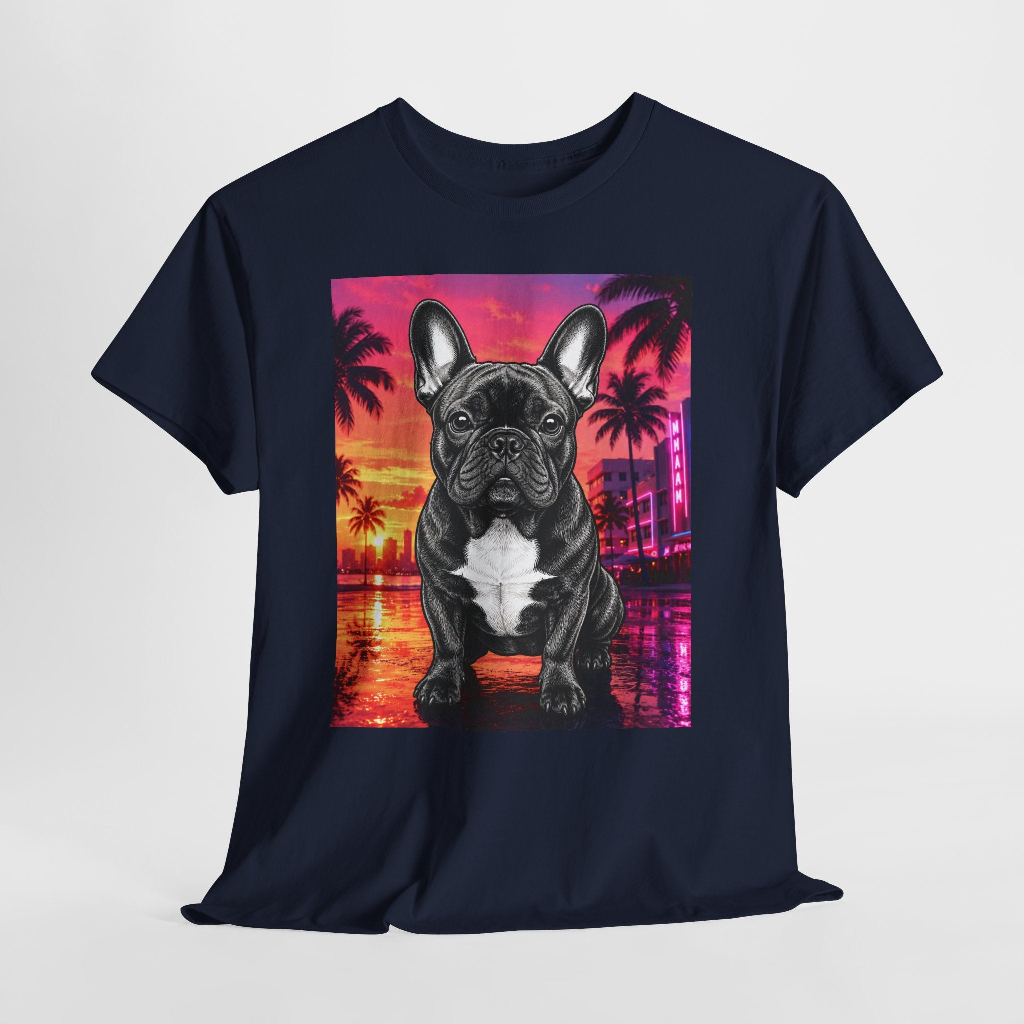 French Bulldog Sunset Tee - Retro Miami Palm Beach Dog T-Shirt