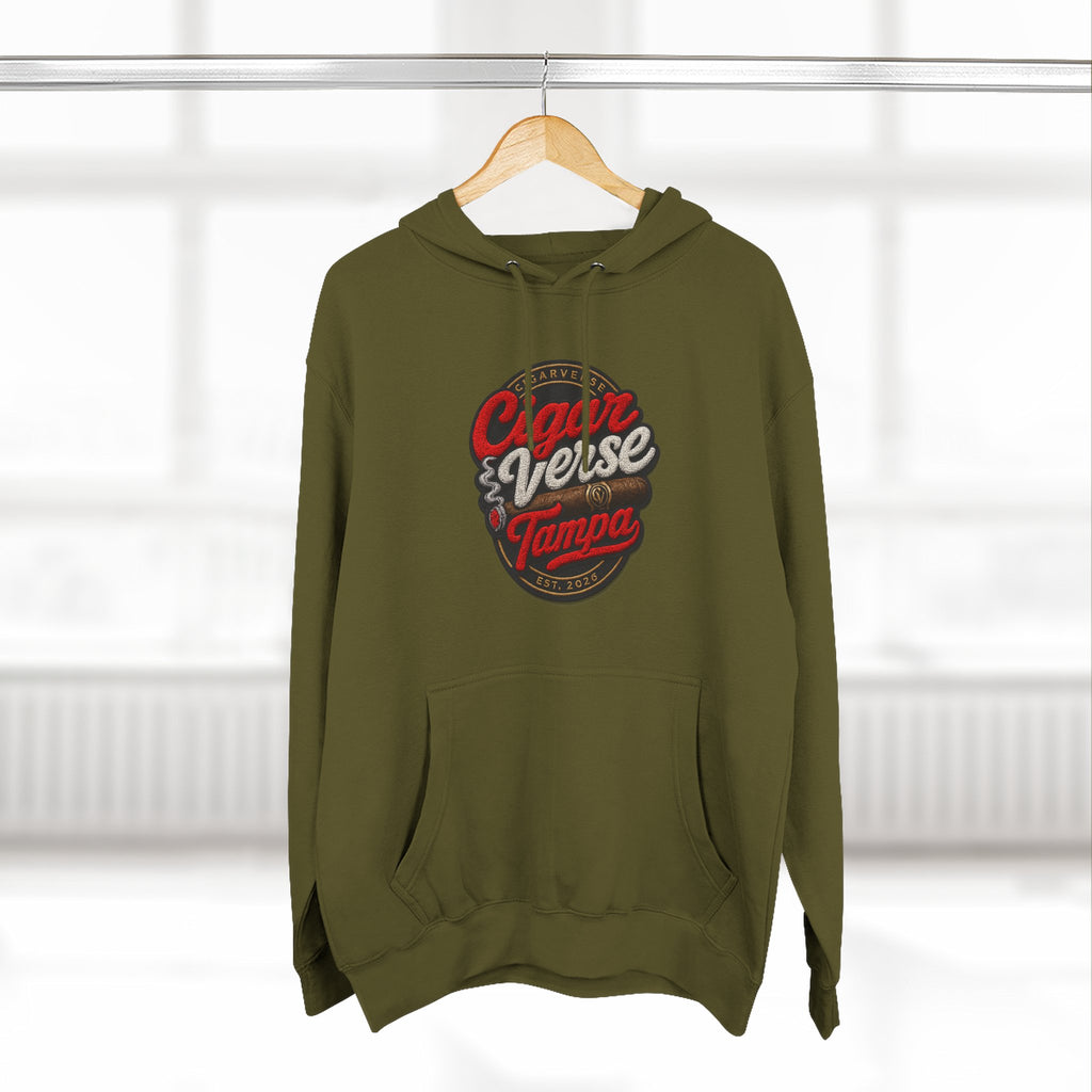 Cigar Verse Tampa Hoodie — Retro Script Logo Fleece Pullover
