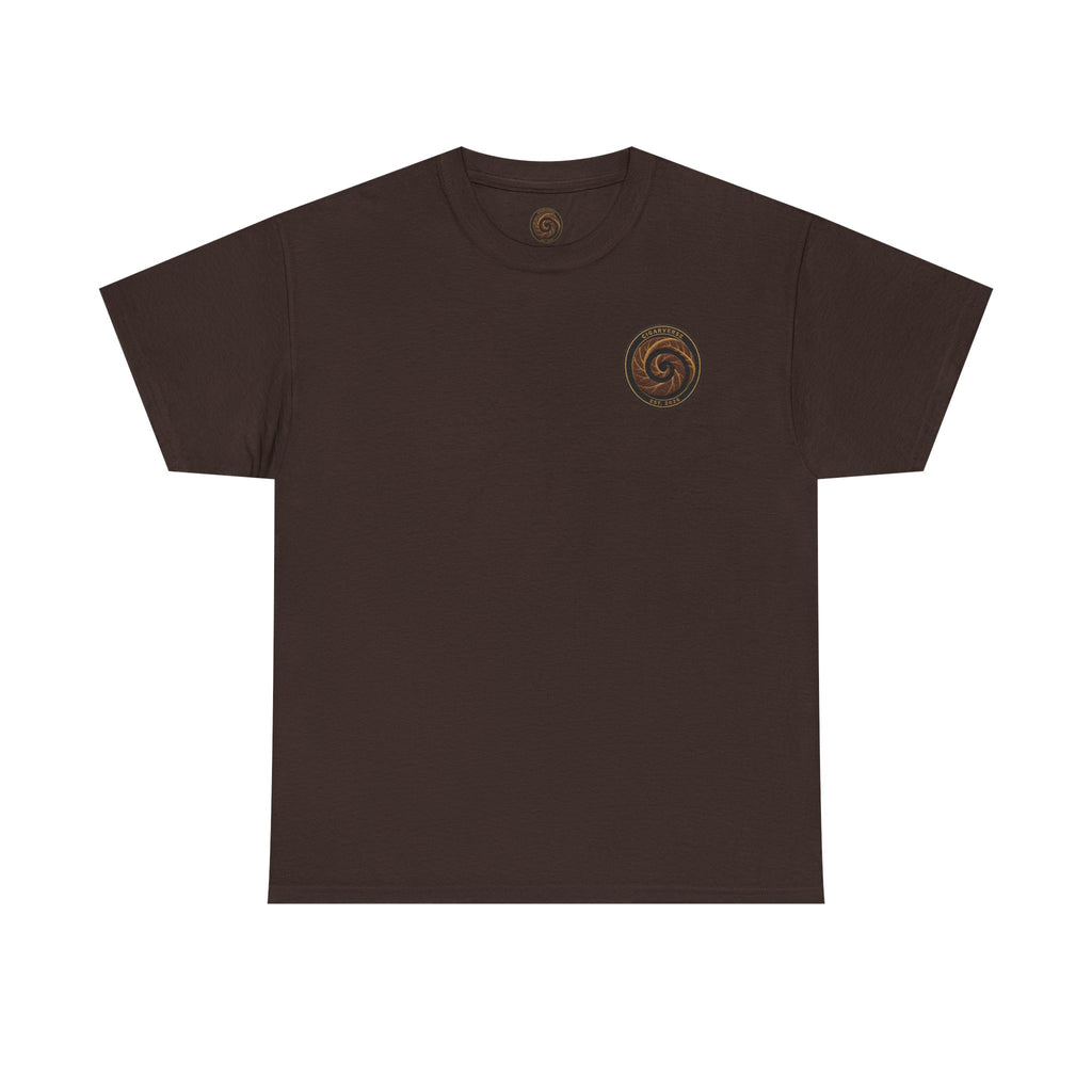 Spiral Tobacco Leaf Chest Logo Tee — Rustic Brown Graphic T-Shirt