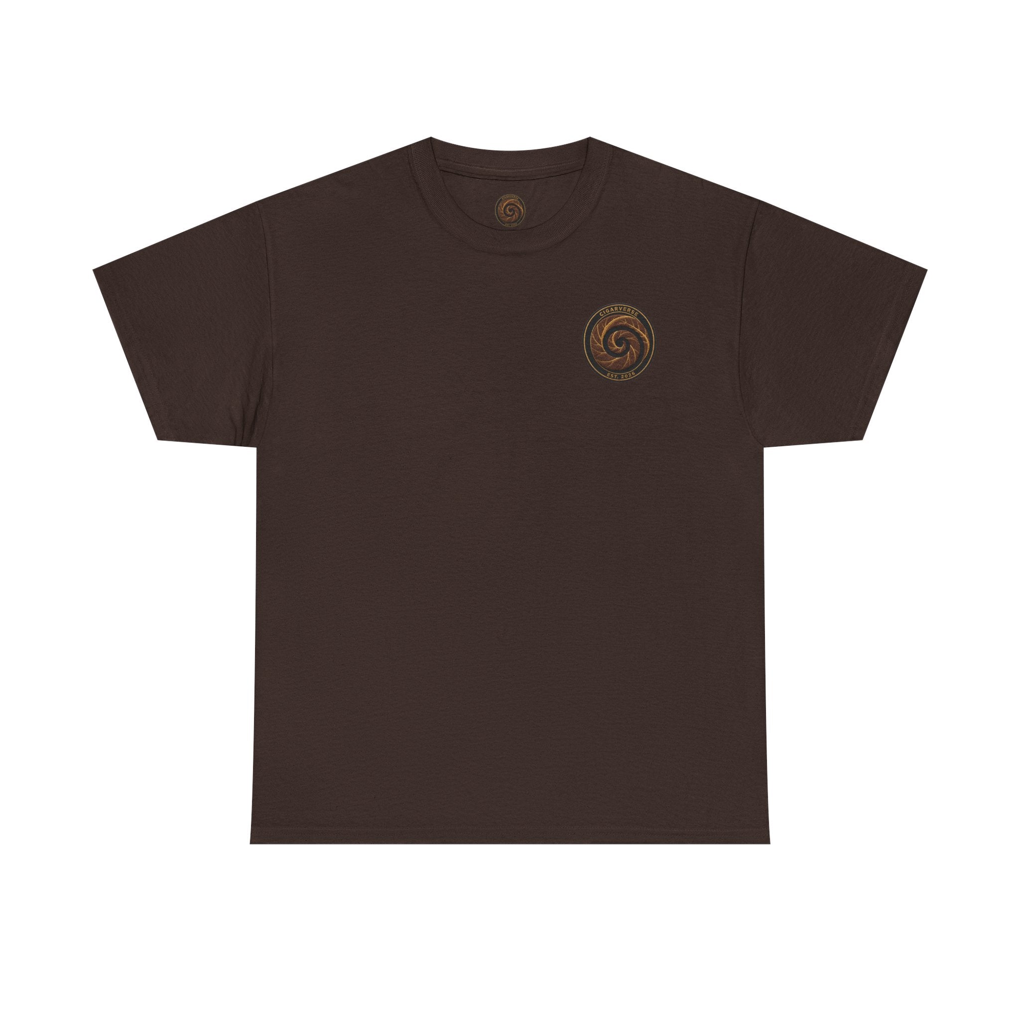 Spiral Tobacco Leaf Chest Logo Tee — Rustic Brown Graphic T-Shirt