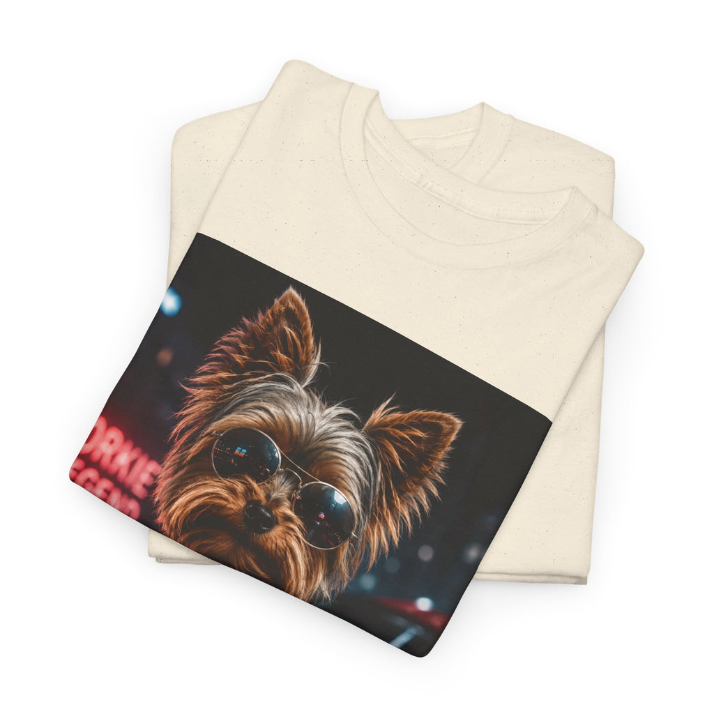 Yorkie Legend Tee — Cool Leather Jacket Yorkshire Terrier Dog T‑Shirt