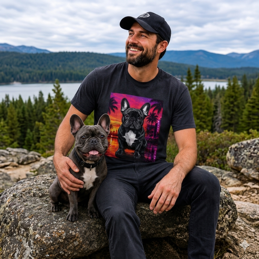 French Bulldog Sunset Tee - Retro Miami Palm Beach Dog T-Shirt