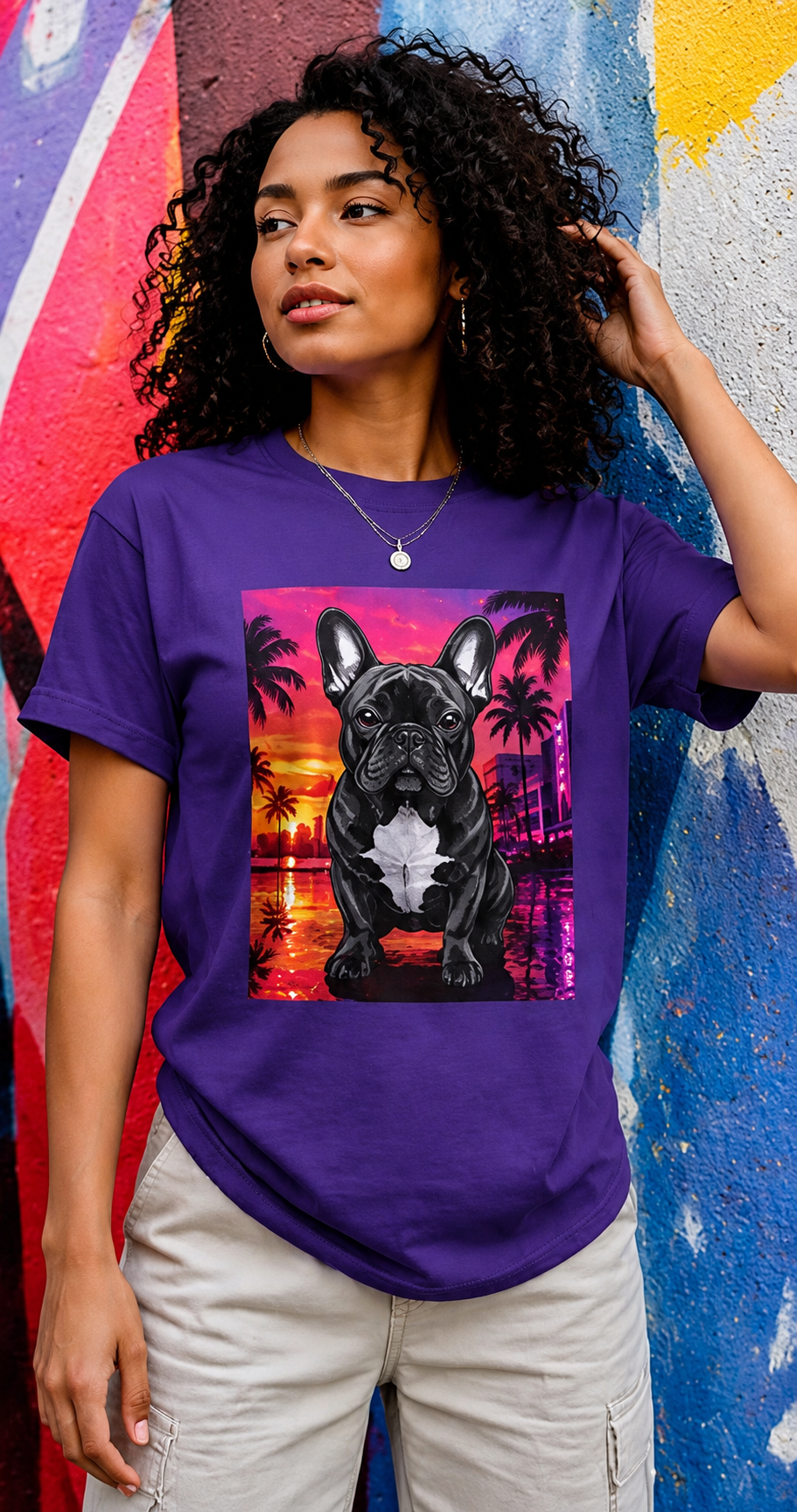French Bulldog Sunset Tee - Retro Miami Palm Beach Dog T-Shirt