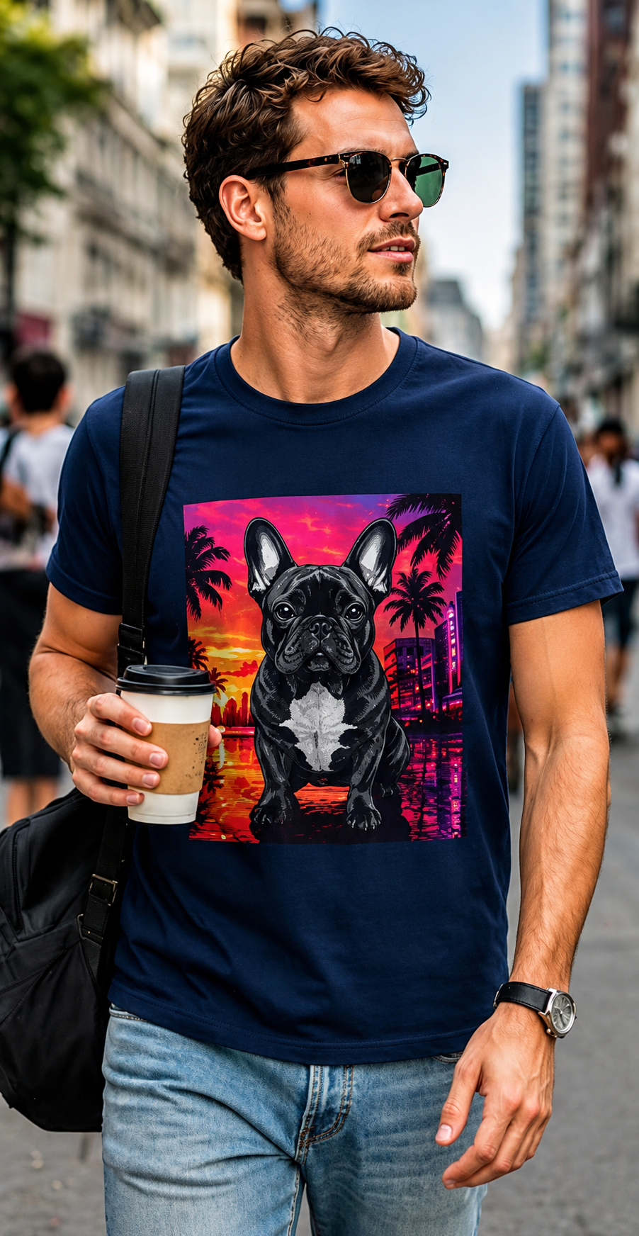 French Bulldog Sunset Tee - Retro Miami Palm Beach Dog T-Shirt