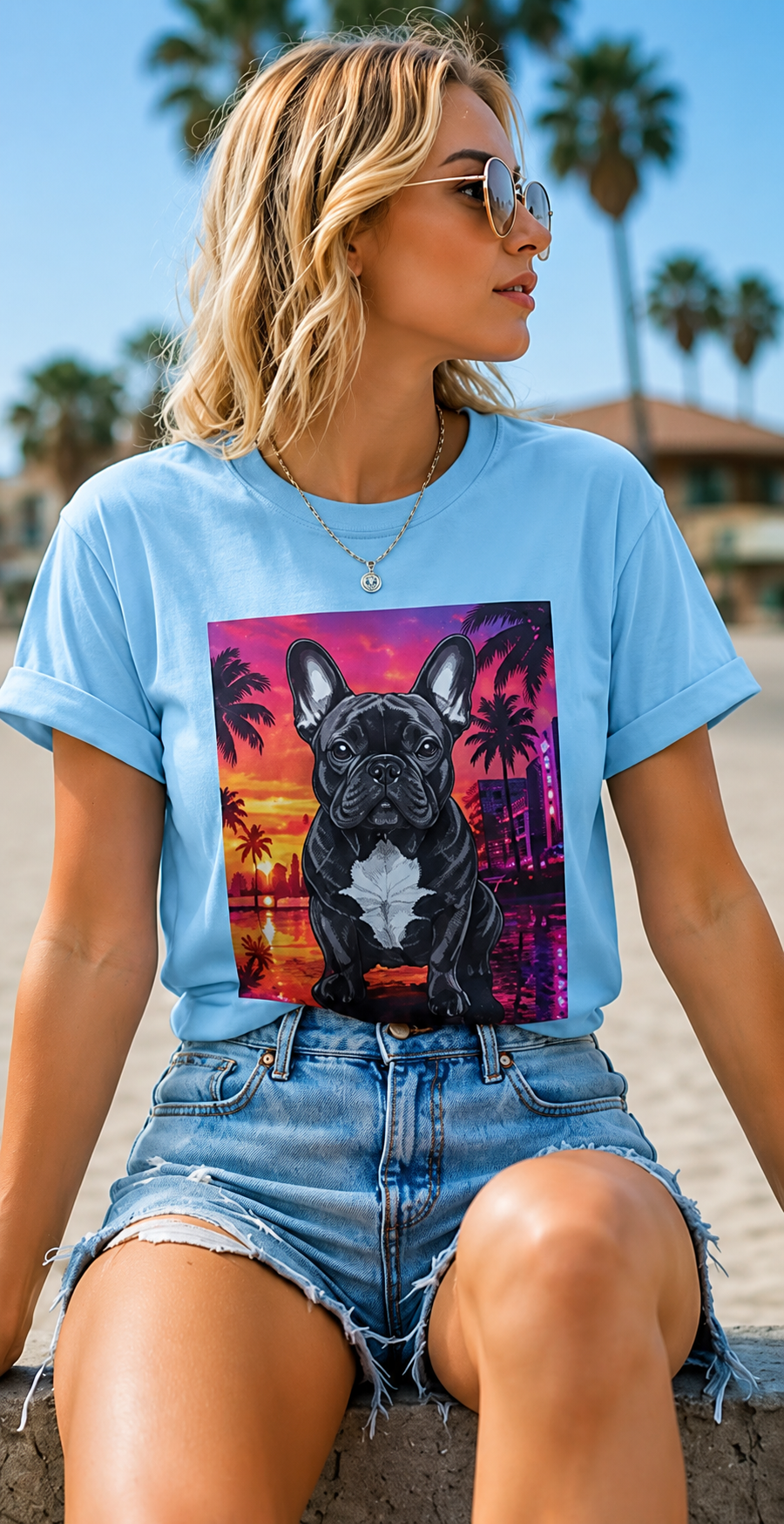 French Bulldog Sunset Tee - Retro Miami Palm Beach Dog T-Shirt