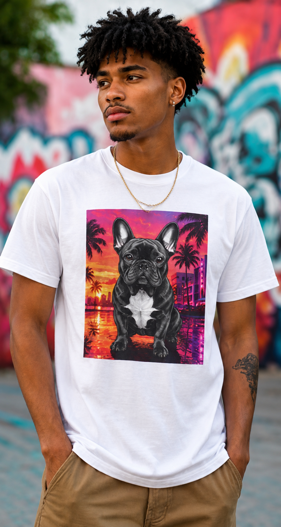 French Bulldog Sunset Tee - Retro Miami Palm Beach Dog T-Shirt