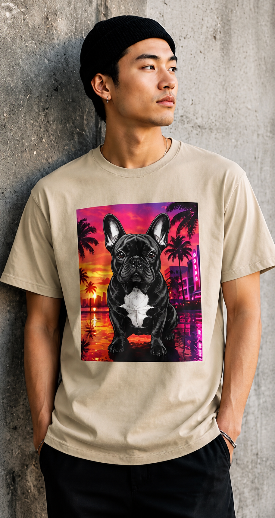 French Bulldog Sunset Tee - Retro Miami Palm Beach Dog T-Shirt
