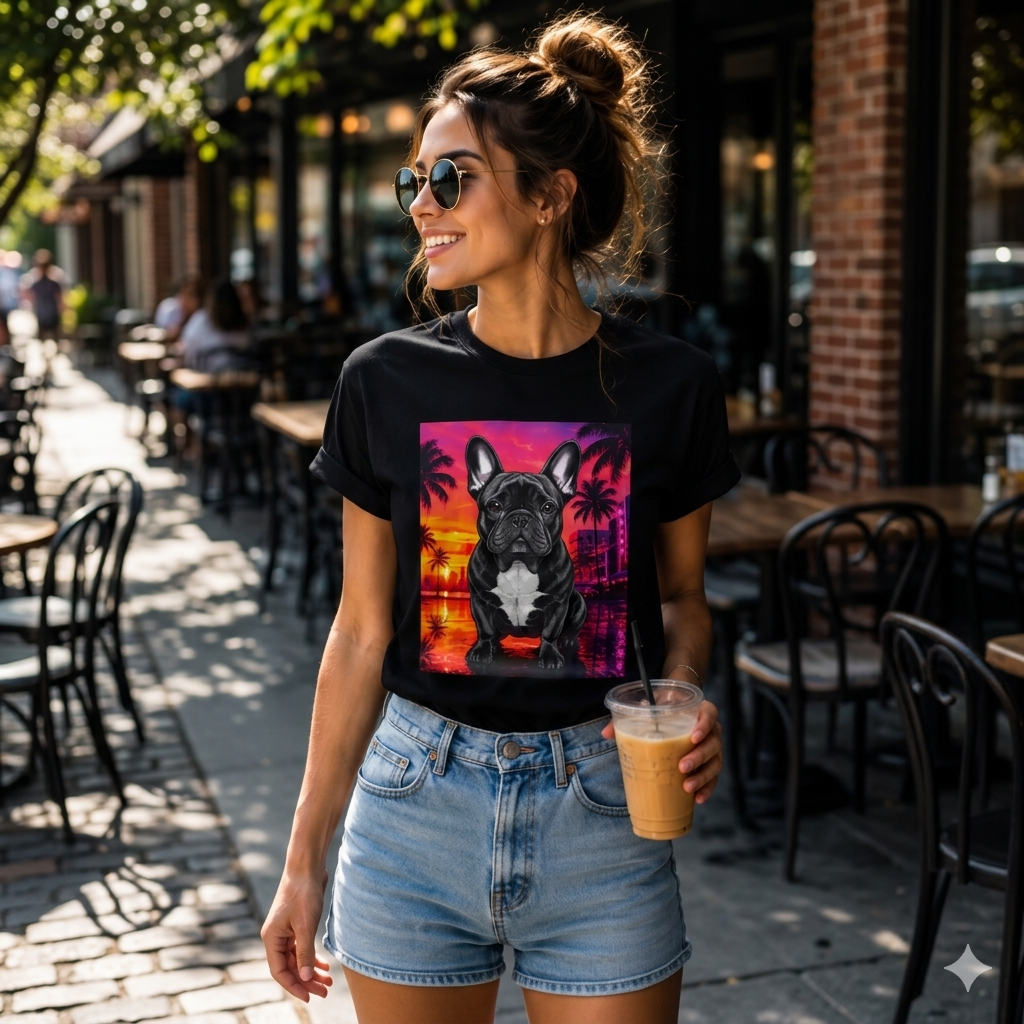 French Bulldog Sunset Tee - Retro Miami Palm Beach Dog T-Shirt