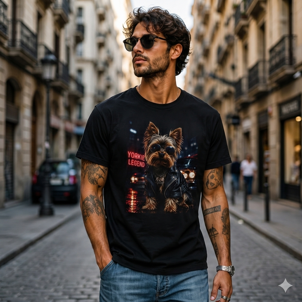 Yorkie Legend Tee — Cool Leather Jacket Yorkshire Terrier Dog T‑Shirt