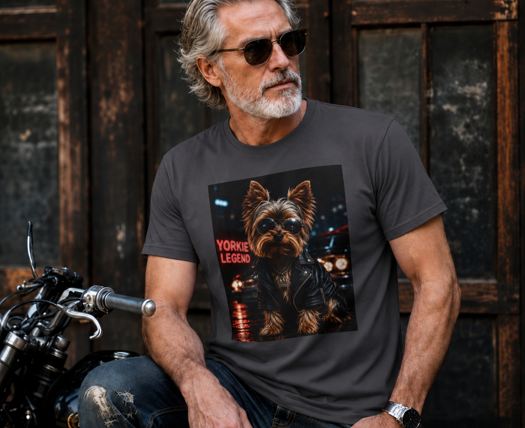 Yorkie Legend Tee — Cool Leather Jacket Yorkshire Terrier Dog T‑Shirt