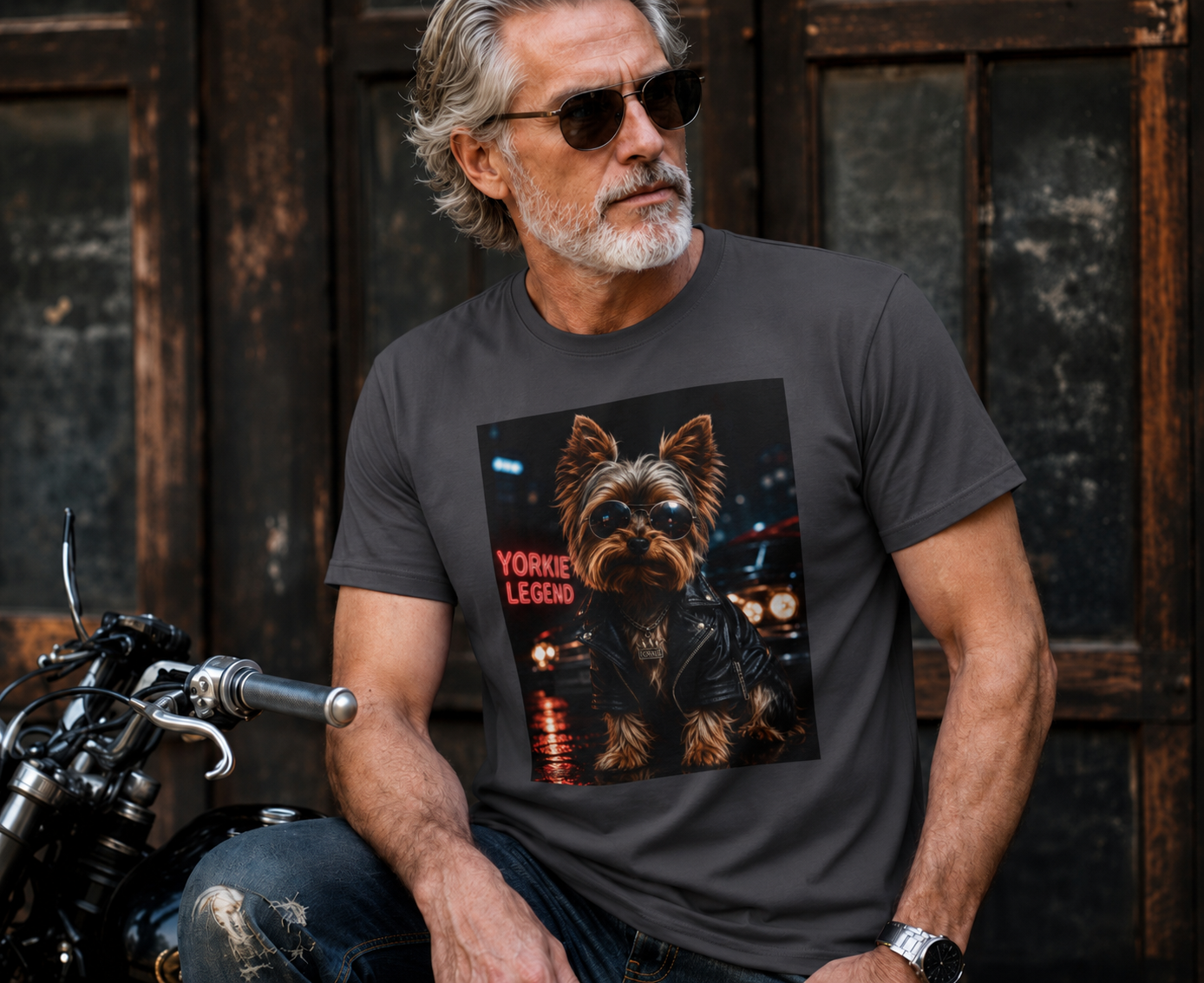 Yorkie Legend Tee — Cool Leather Jacket Yorkshire Terrier Dog T‑Shirt