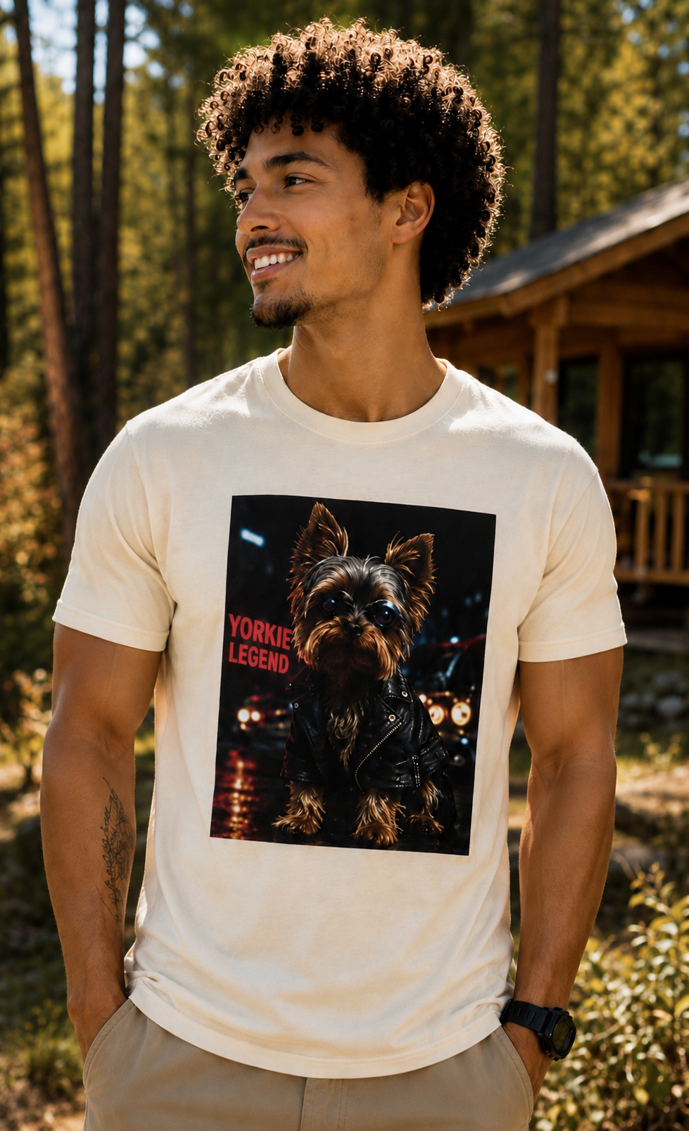 Yorkie Legend Tee — Cool Leather Jacket Yorkshire Terrier Dog T‑Shirt