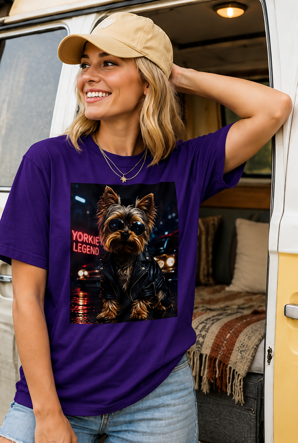 Yorkie Legend Tee — Cool Leather Jacket Yorkshire Terrier Dog T‑Shirt