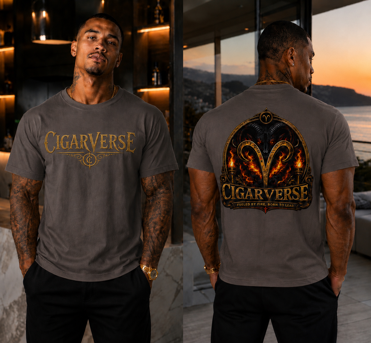 Cigarverse Unisex Graphic Tee — Retro Gold Logo & Dragon Back Design