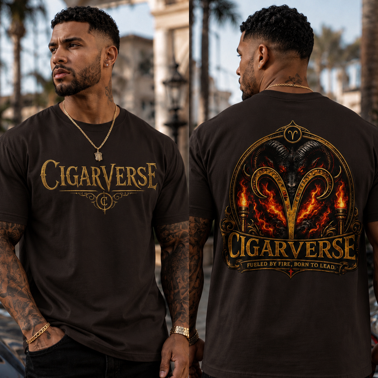 Cigarverse Unisex Graphic Tee — Retro Gold Logo & Dragon Back Design