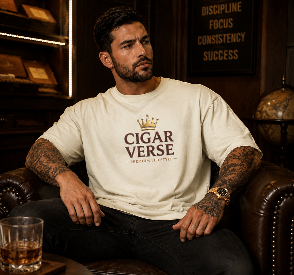 Burgundy & Gold Cigar Verse Tee — 'CIGAR VERSE' Crown Logo T-Shirt