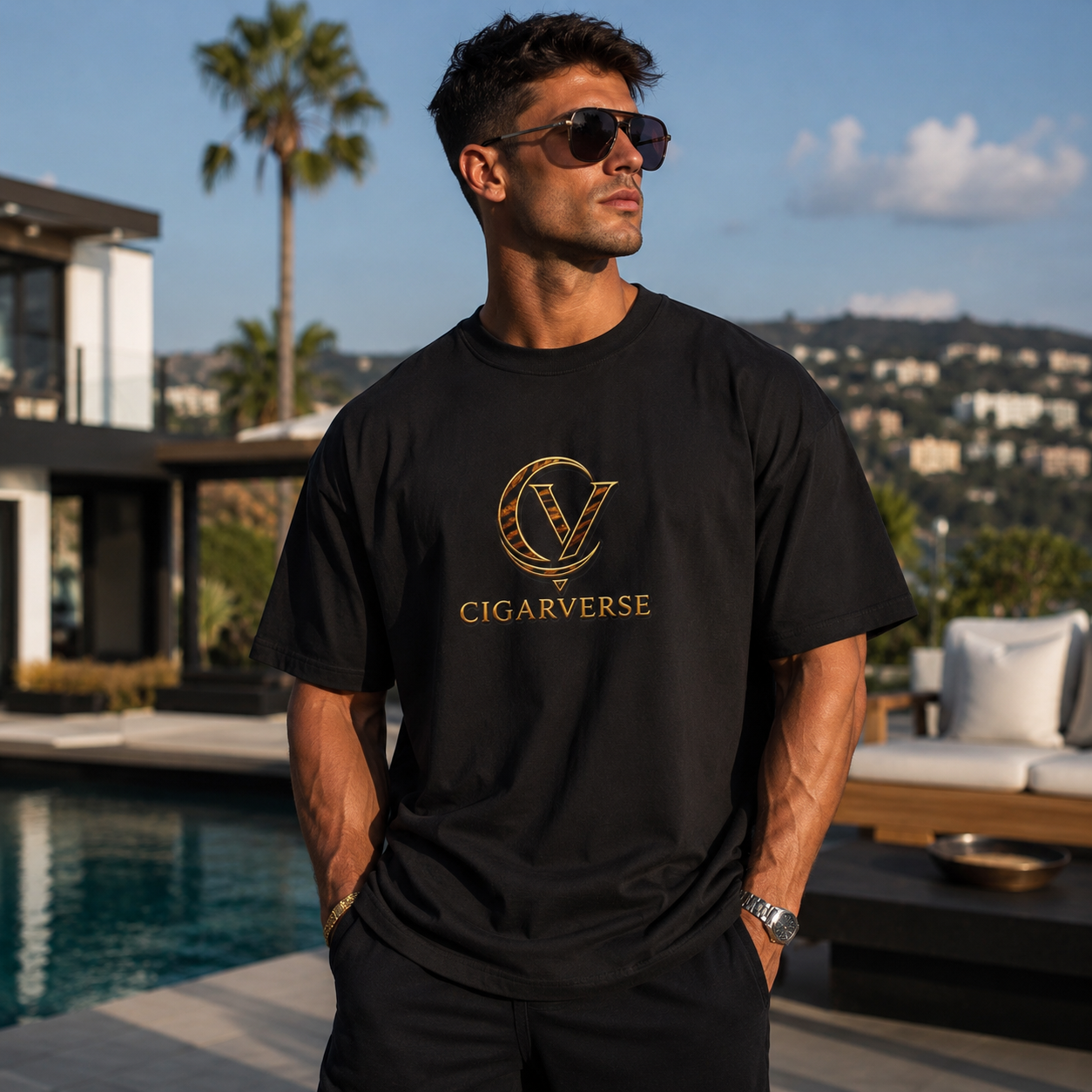 Tiger Stripe Logo Premium Max Heavyweight CIGARVERSE T-Shirt — Bold Animal Print Graphic Tee