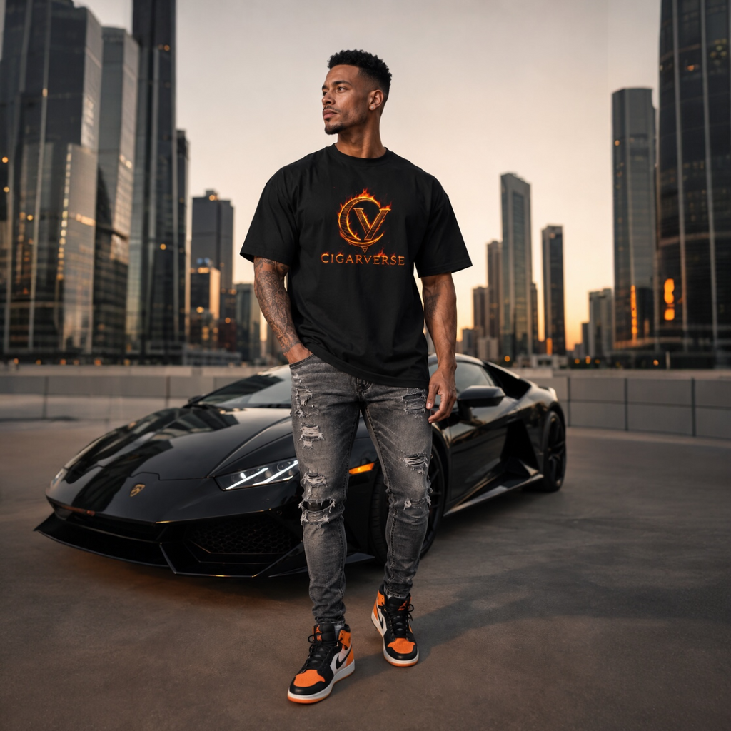 Flame Logo Premium Max Heavyweight Cigarverse T-Shirt — Vintage Black Graphic Tee for Cigar Enthusiasts