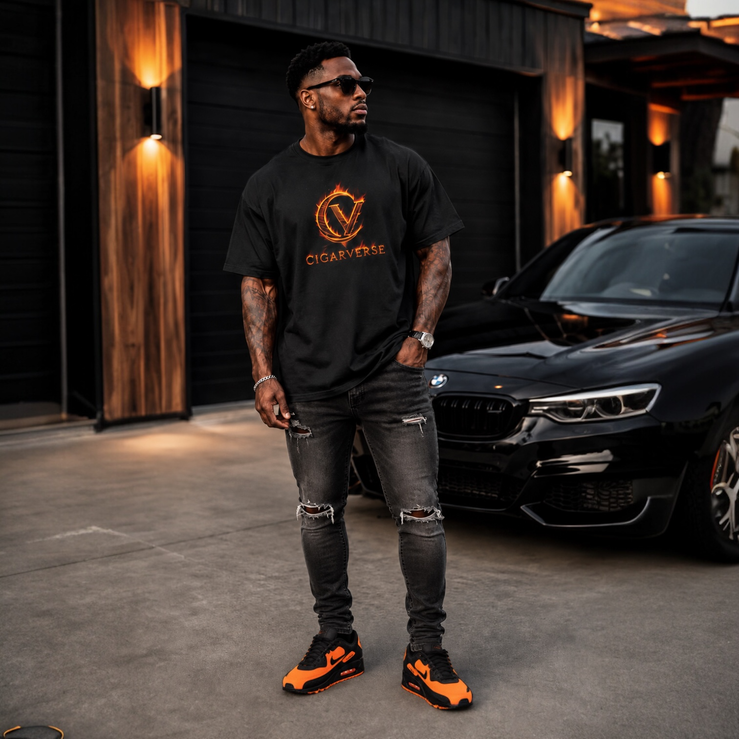 Flame Logo Premium Max Heavyweight Cigarverse T-Shirt — Vintage Black Graphic Tee for Cigar Enthusiasts