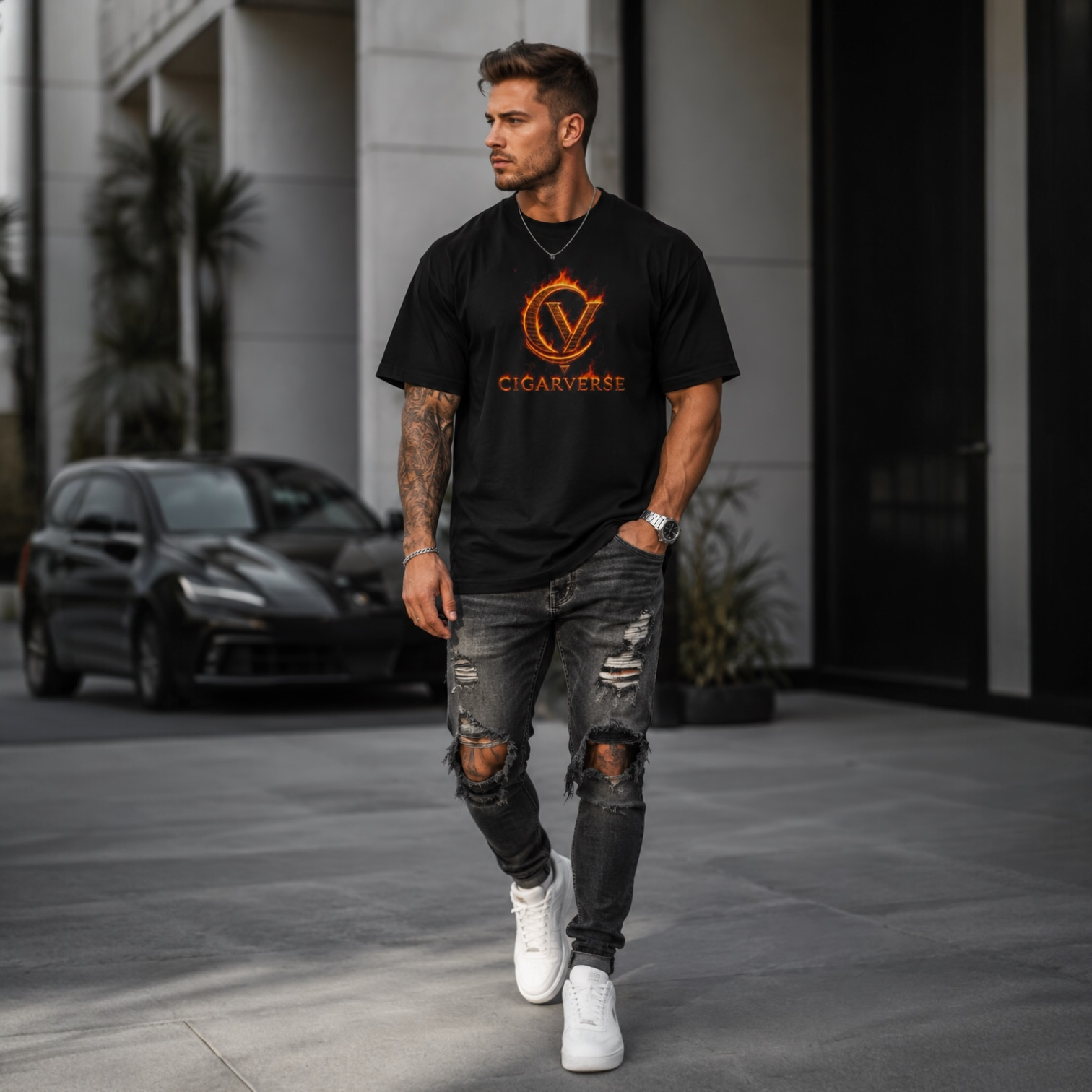 Flame Logo Premium Max Heavyweight Cigarverse T-Shirt — Vintage Black Graphic Tee for Cigar Enthusiasts