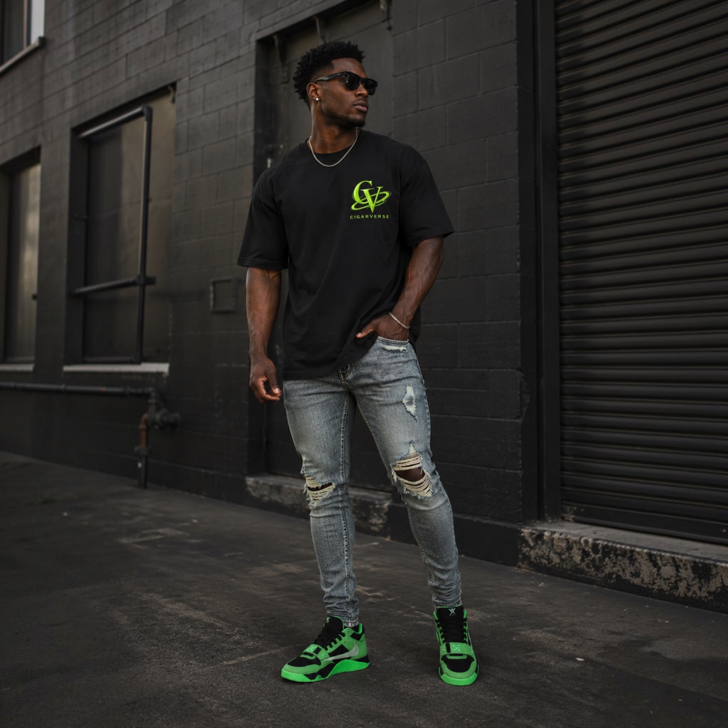 Premium Max Heavyweight Cigarverse Logo T‑Shirt — Neon Green C V Graphic Tee