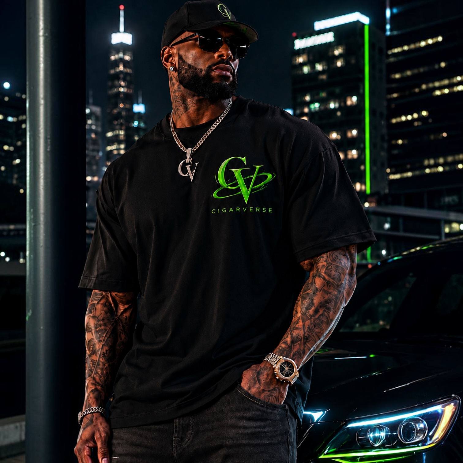 Premium Max Heavyweight Cigarverse Logo T‑Shirt — Neon Green C V Graphic Tee