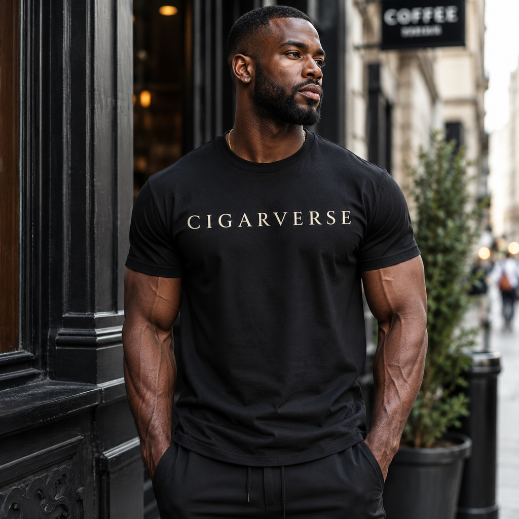 Unisex Cream Logo CIGARVERSE Tee — Minimalist Black Cigar Brand Shirt