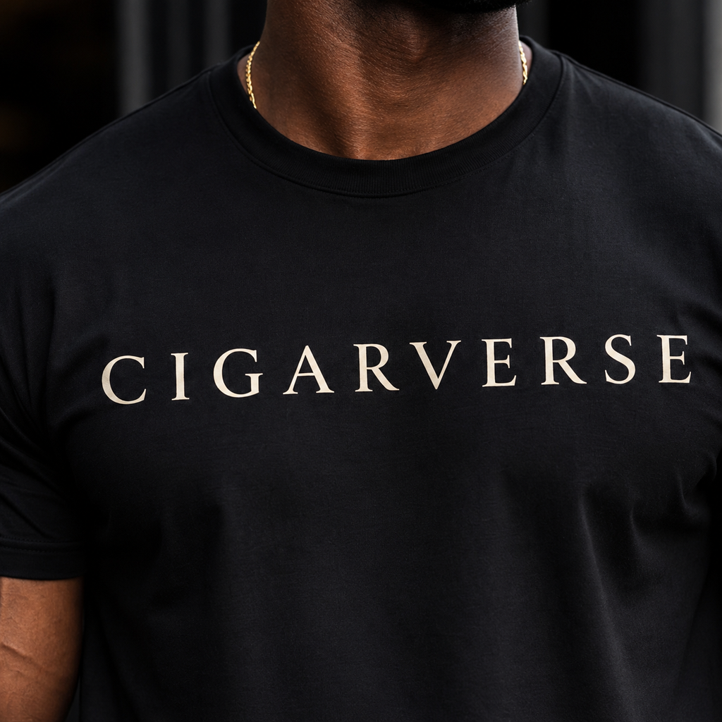 Unisex Cream Logo CIGARVERSE Tee — Minimalist Black Cigar Brand Shirt
