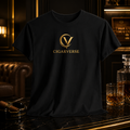 Cigarverse Gold Logo Tee — Gold Emblem Black T-Shirt for Cigar Enthusiasts