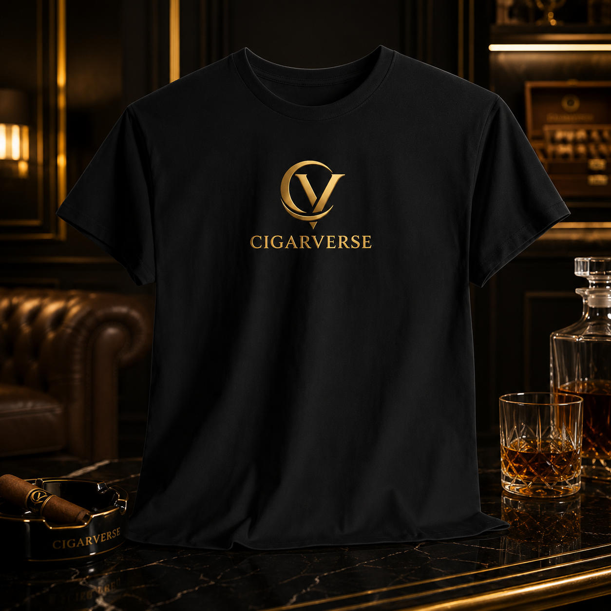 Cigarverse Gold Logo Tee — Gold Emblem Black T-Shirt for Cigar Enthusiasts