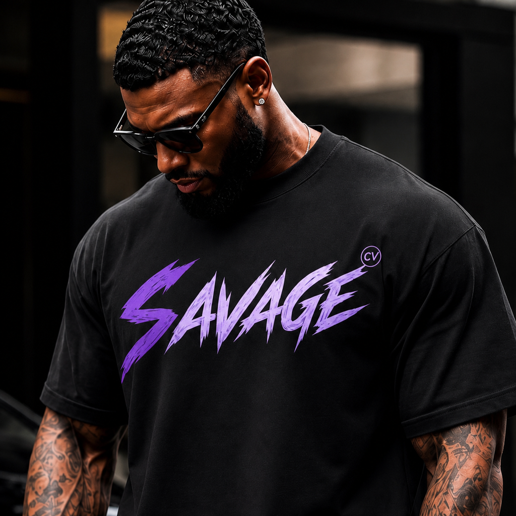 Savage Graphic Premium Max Heavyweight T-Shirt — Retro Purple Gradient Streetwear Tee