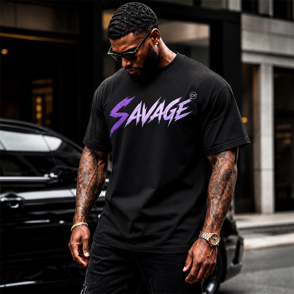 Savage Graphic Premium Max Heavyweight T-Shirt — Retro Purple Gradient Streetwear Tee